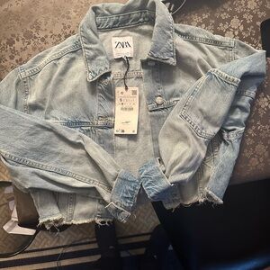 Zara Washed Blue Cropped Denim Jacket